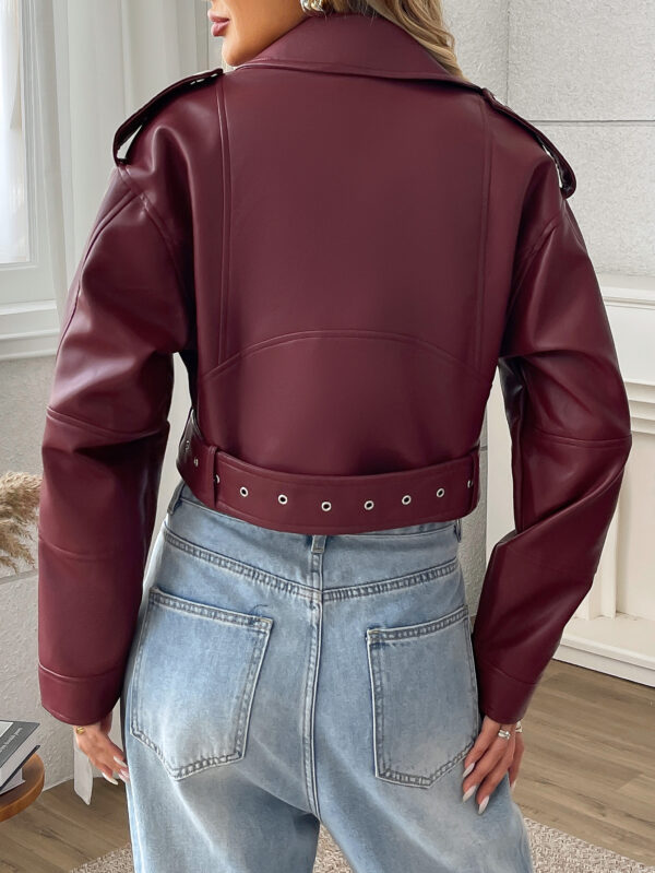 Women's Large Lapel Faux Leather Short Jacket Lady Fashion Motorcycle PU Leather Coat Casual Overcoat With Belt - Image 6