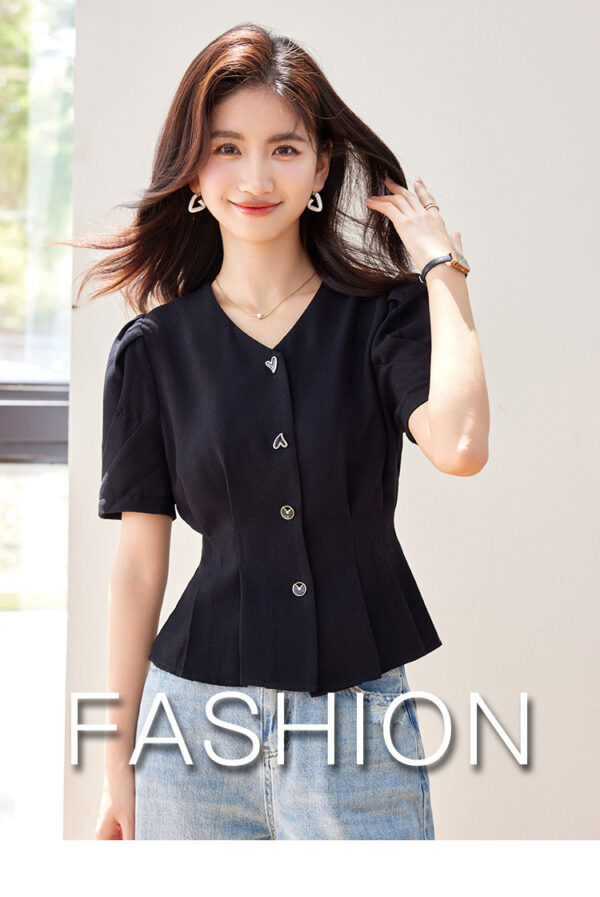 Lady Temperament V-neck Puff Short Sleeve Solid Color Slim Fit Slimming Shirt - Image 8