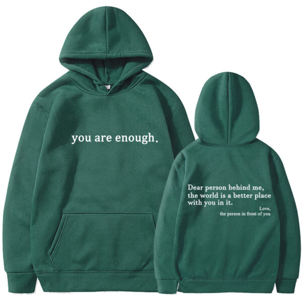 Fleece-lined Plain Letter Print Pocket Drawstring Print Hoodie - Image 4
