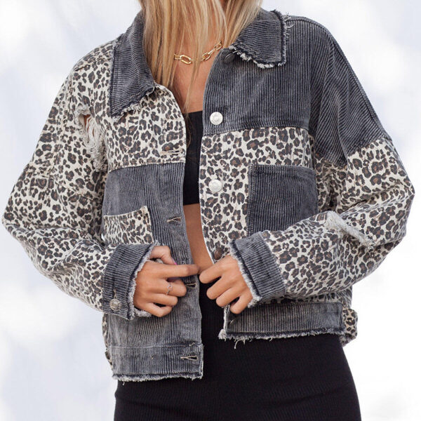 Leopard Stitching Corduroy Denim Women Jacket - Image 4