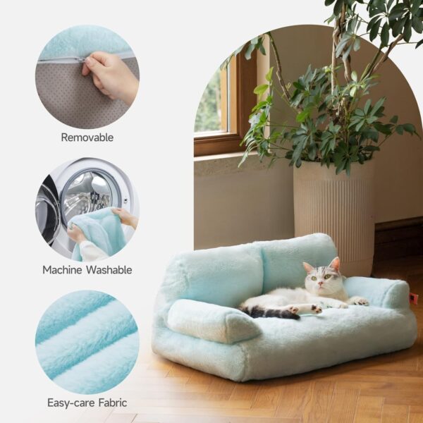 MEWOOFUN Plush Cat Bed For Indoor Cats - Washable 26x19x13 Inch Pet Couch With Non-Slip Bottom, Fluffy Small Dog Bed For Puppies & Kittens, Blue - Image 3