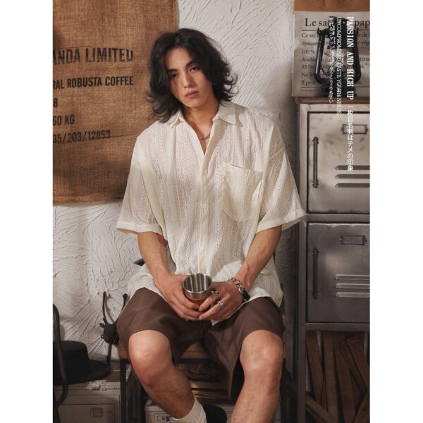 Retro Niche Design Hollow-out Short-sleeved Shirt For Men - Image 5