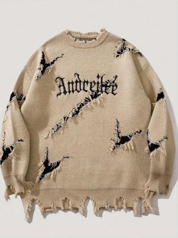 New Personality Street Jacquard Ripped Frayed Vintage Loose Sweater - Image 6