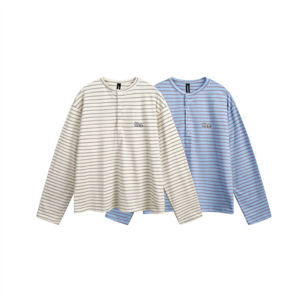 American Retro Men's Clothes Striped Long Sleeve Embroidered Button T-shirt - Image 5