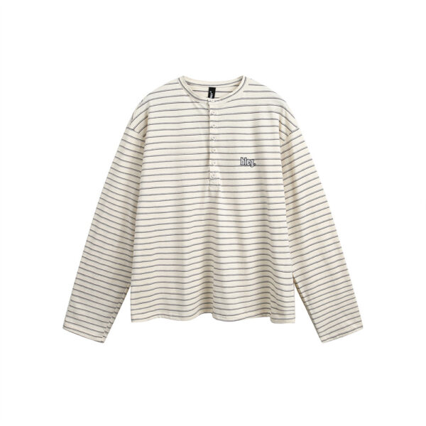 American Retro Men's Clothes Striped Long Sleeve Embroidered Button T-shirt