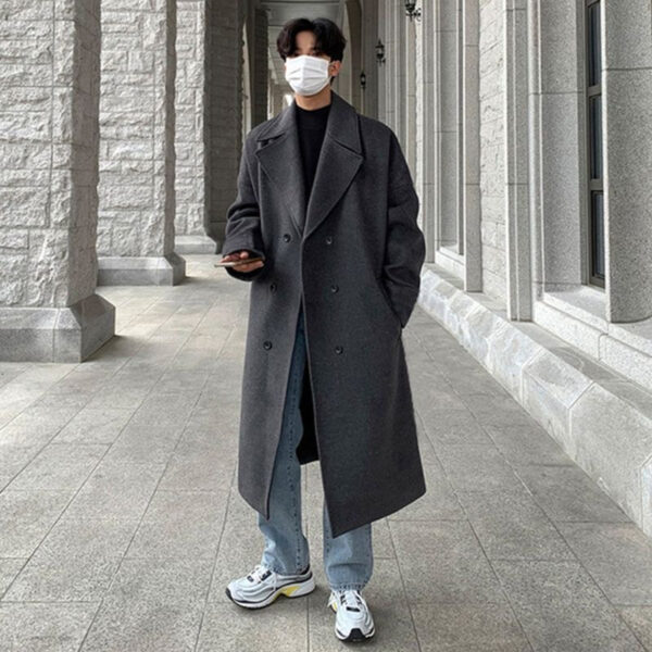 Winter Woolen Men's Mid-length Over-the-knee Suit Collar Double Breasted Woolen Trench Coat Thickened - Image 5