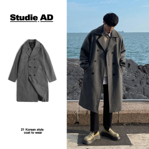 Winter Woolen Men's Mid-length Over-the-knee Suit Collar Double Breasted Woolen Trench Coat Thickened - Image 3