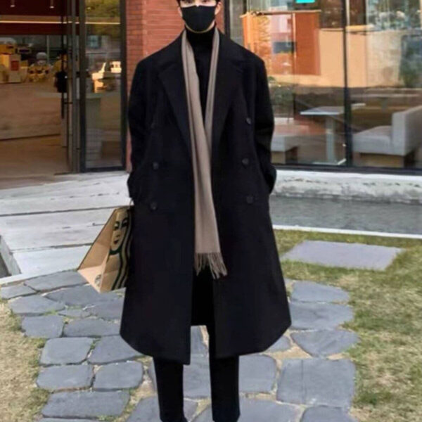 Winter Woolen Men's Mid-length Over-the-knee Suit Collar Double Breasted Woolen Trench Coat Thickened - Image 2