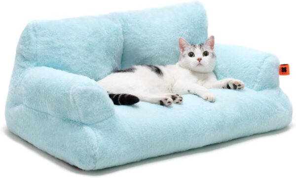 MEWOOFUN Plush Cat Bed For Indoor Cats - Washable 26x19x13 Inch Pet Couch With Non-Slip Bottom, Fluffy Small Dog Bed For Puppies & Kittens, Blue - Image 2